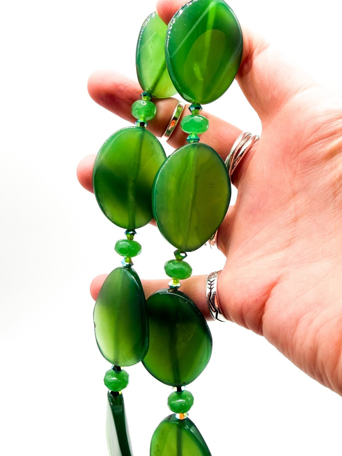 Chunky Green Agate Statement Necklace Faceted Glass Aurora Borealis Beads