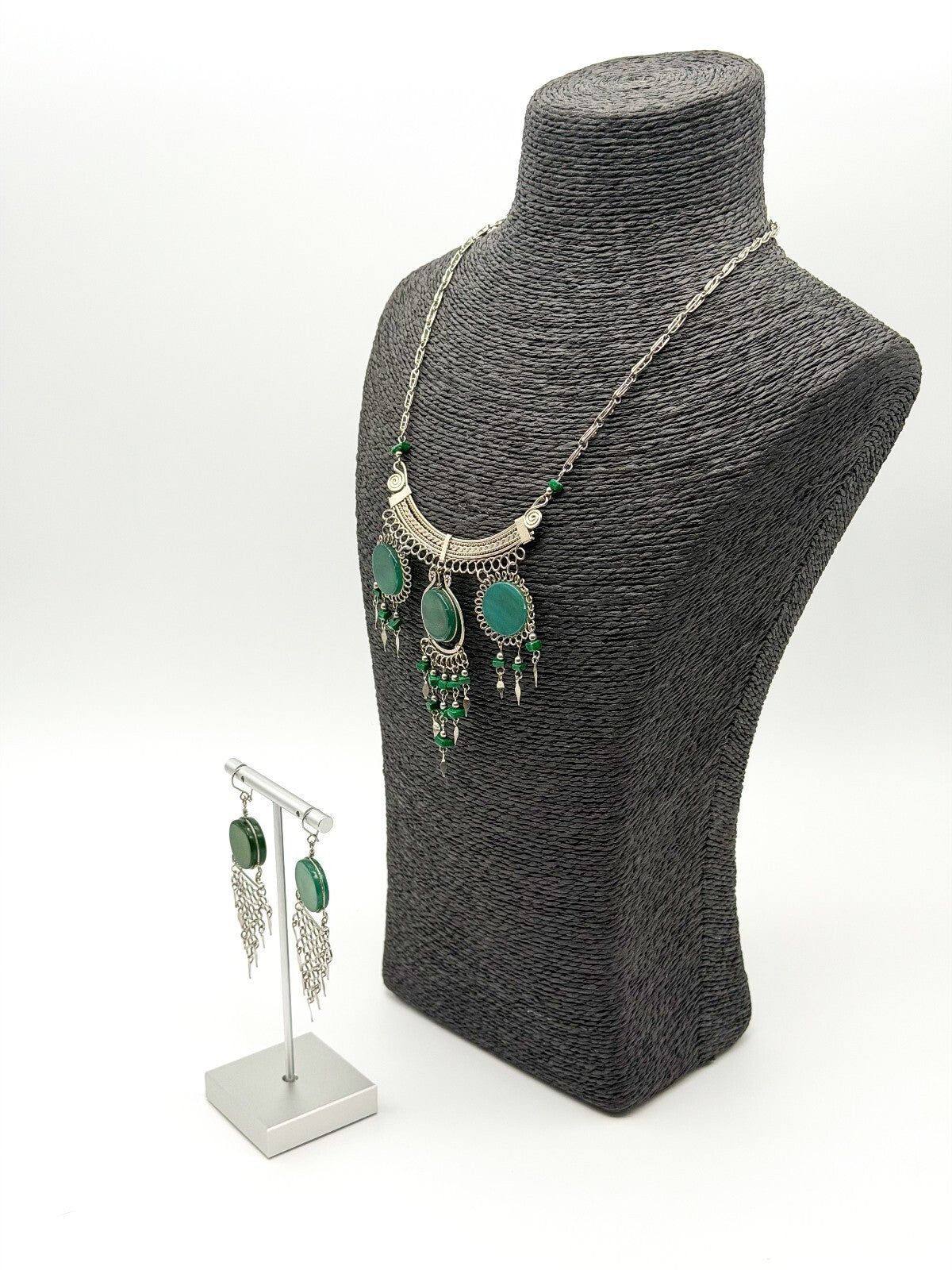 Peruvian Alpaca Silver Green Agate Necklace Earrings Set Malachite Bib Statement