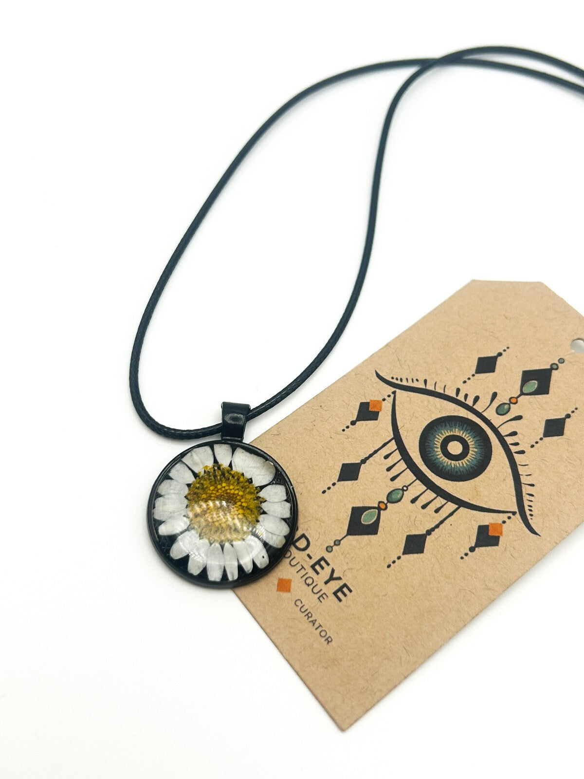 New Resin Daisy Pendant Necklace on New Black Cord - Dried Flower Pendant