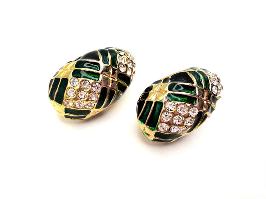 Vintage Gold Tone Green & Black Enamel Rhinestone Half Hoop Clip-On Earrings