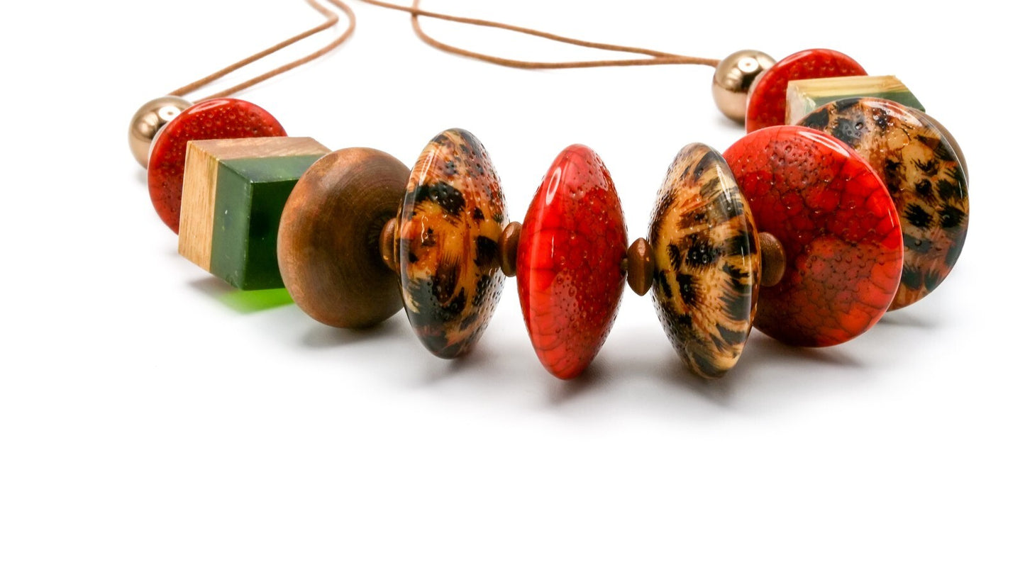 Earthy Tones Statement Necklace Multicolour 18.5" Wood Acrylic Resin Boho Orange