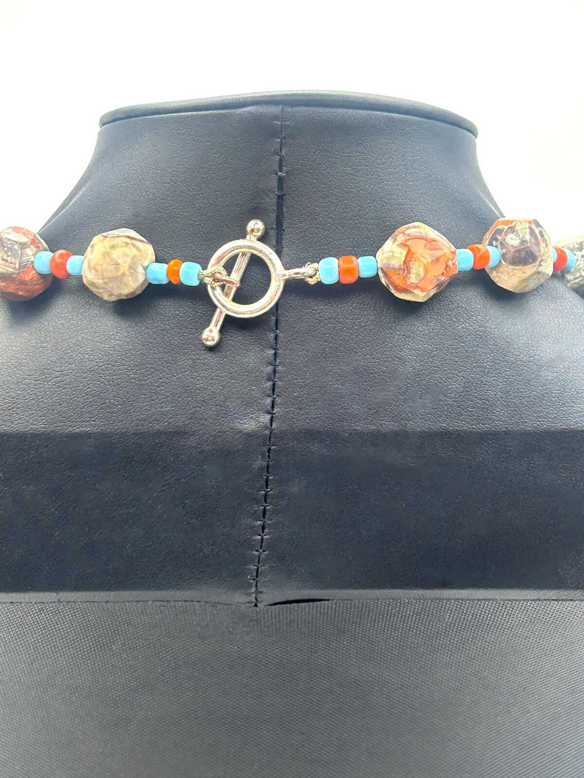 Graduated Raw & Faceted Jasper Statement Necklace with Blue and Red Glass Spacer