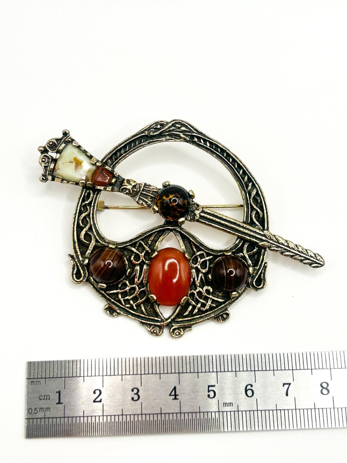 Miracle Celtic Brooch Vintage Faux Carnelian Agate Glass Penannular Cloak Pin