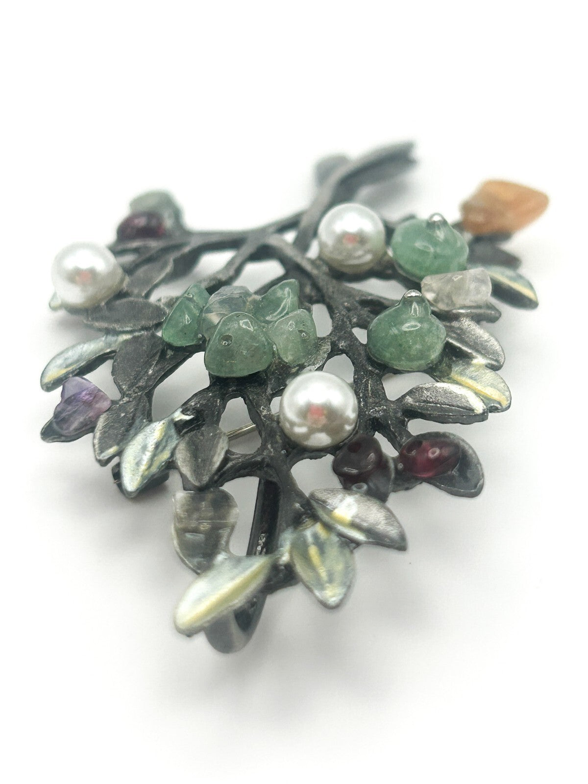 Pewter Leaf Tree Branch Gemstone Brooch - Aventurine, Faux pearl, Amethyst