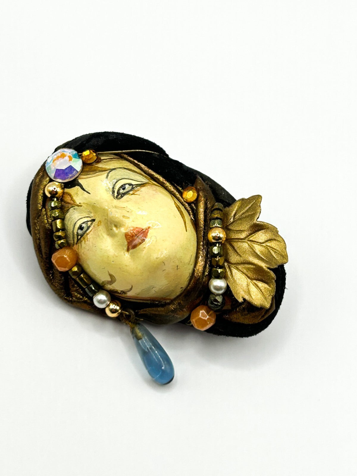 Vintage Lady Portrait Brooch Porcelain Face Mixed Media Figural 5cm Jewel Turban