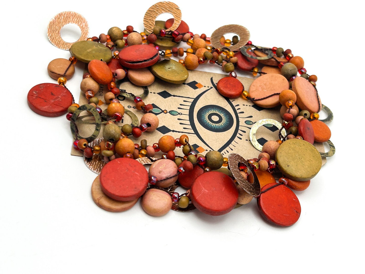 Boho Multi Strand Coconut Shell Necklace Rust Coral Disc Beads Long Statement