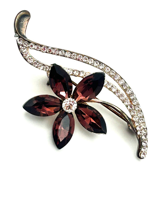 Vintage Purple Rhinestone Flower Brooch with Clear Pavé Leaf Detail
