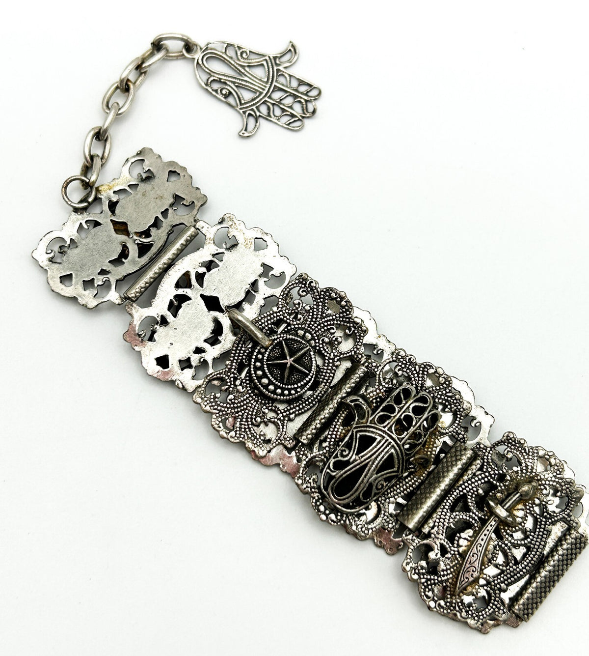 Moroccan Souvenir Silver Tone Filigree Panel Bracelet Elephant Hamsa 8.5”