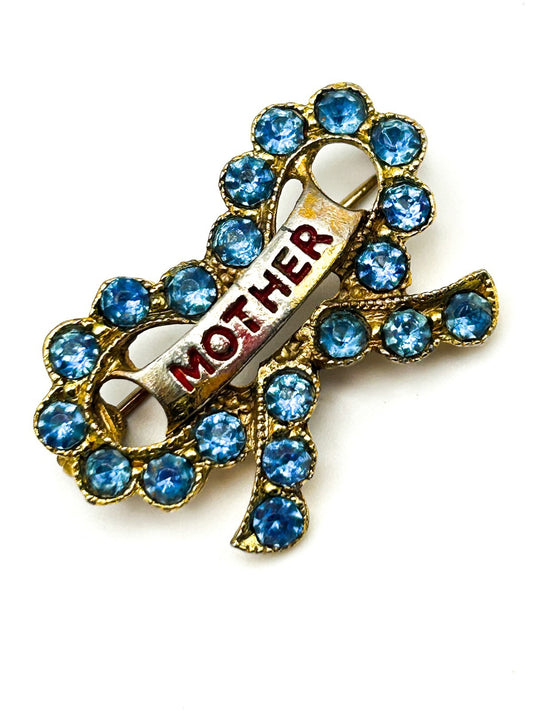 Vintage Mother Brooch 1960s Blue Rhinestone Bow Gold Tone Pin Retro Mum Mom