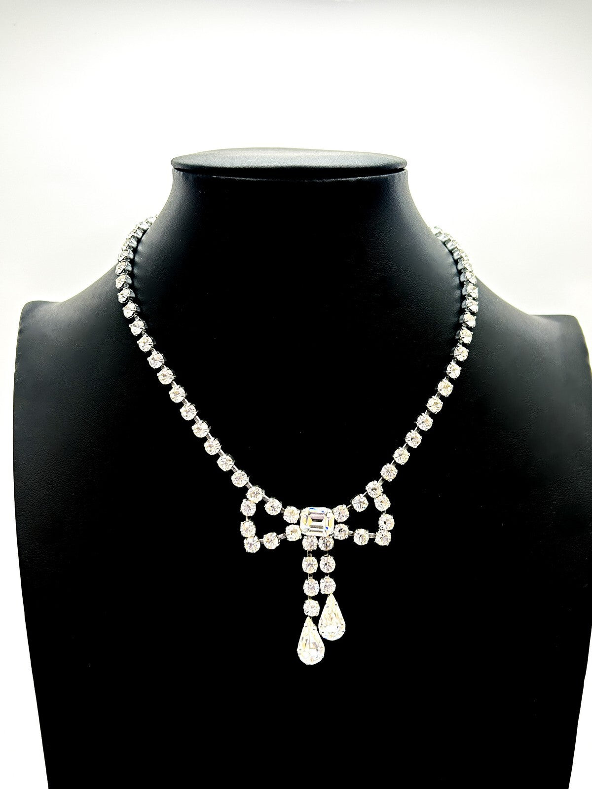 Vintage Rhinestone Bow Necklace Silver Tone Teardrop Dangle Bridal Prom