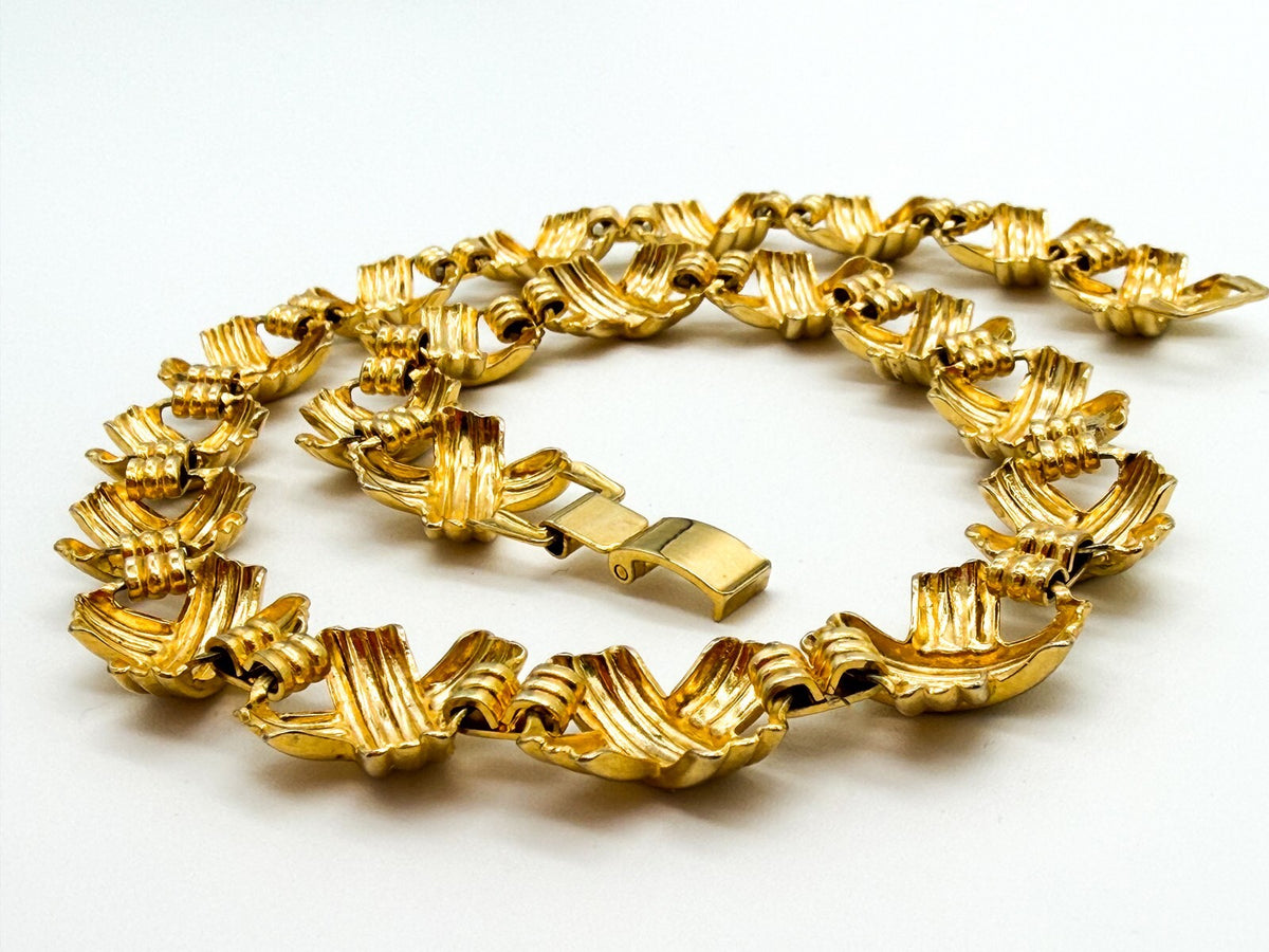 Gold Tone Ribbed X Link Articulated Statement Necklace 18” 80s Napier Inspired