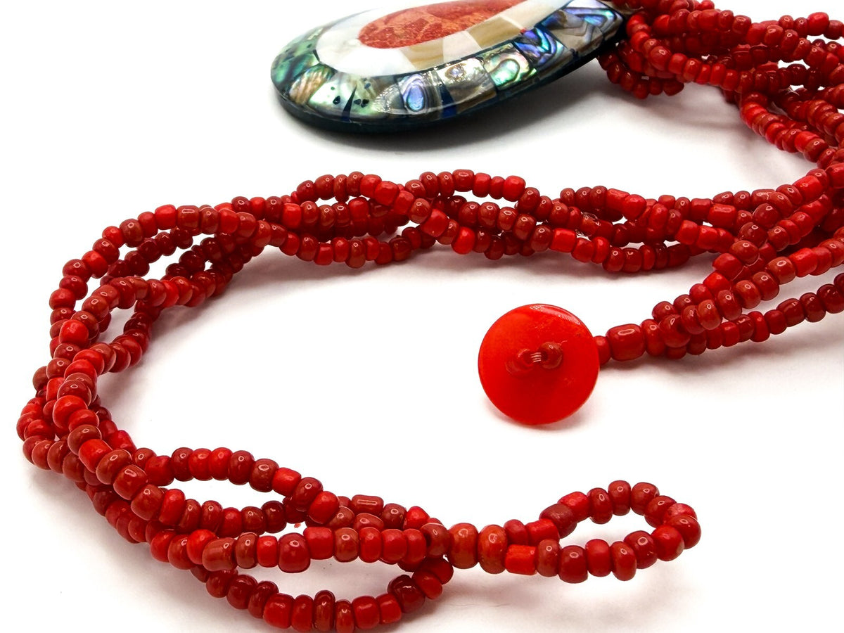 Twisted Red Seed Bead Necklace with Abalone, Mother of Pearl & Coral Teardrop Pe