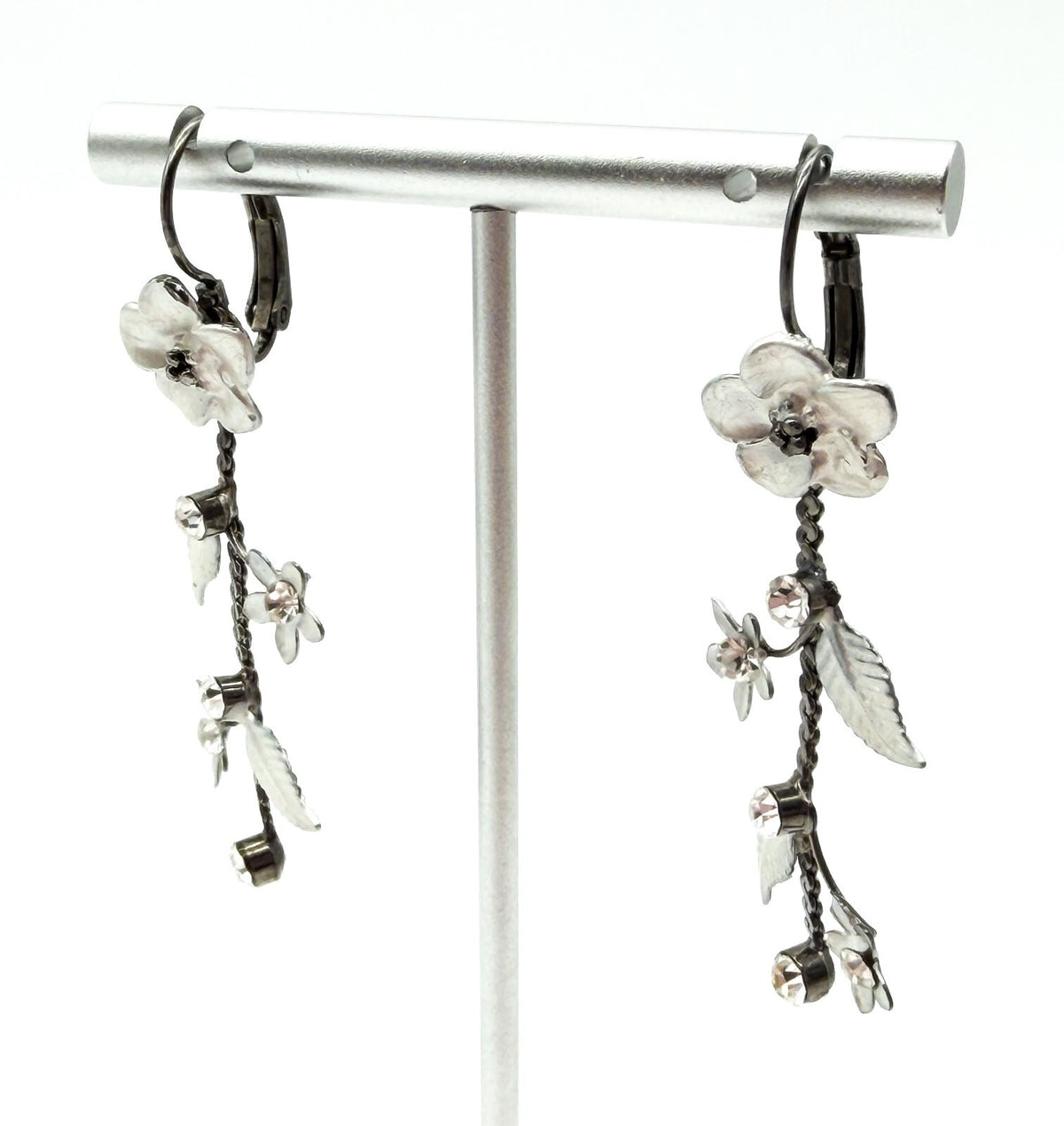 Y2K Floral Drop Earrings Silver Enamel Rhinestone Gunmetal Chain