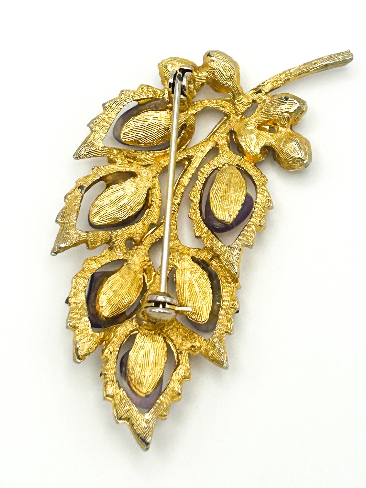 Vintage Leaf Brooch Floral Spray Gold Tone Amethyst & Citrine Leaves Pin Retro
