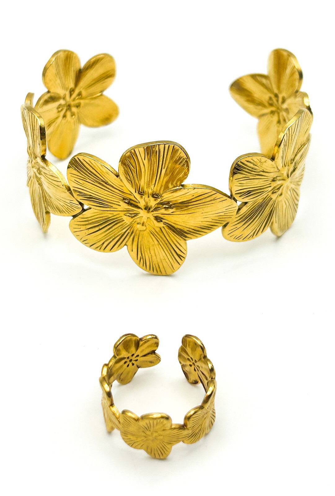 Gold Tone Flower Bangle Bracelet and Ring Set Adjustable Floral Statement Jewell