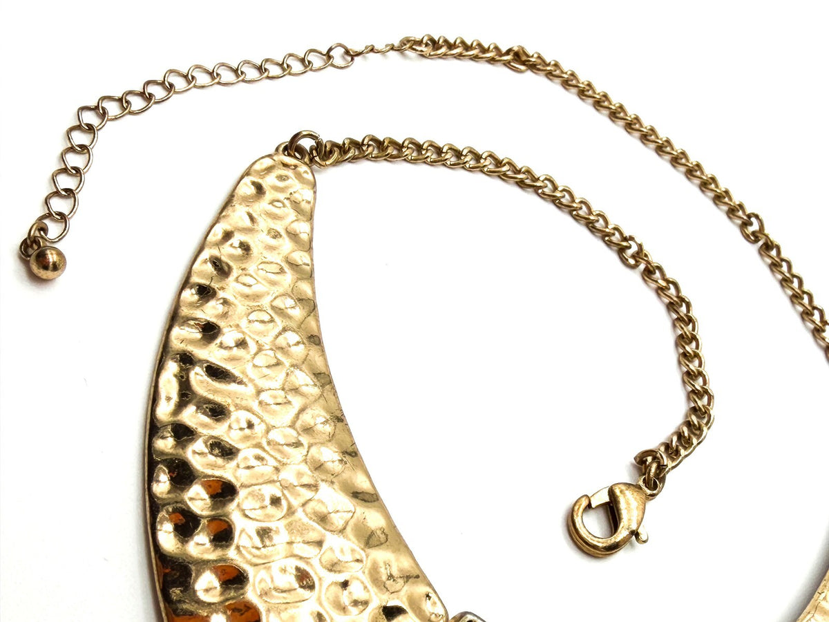 Gold Tone Hammered Collar Necklace with Black Faceted Acrylic Panel 13.5”