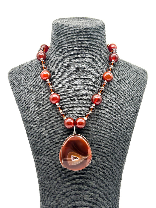 Carnelian Agate Pendant Necklace Quartz Inclusion Geode Artisan Gemstone  Boho