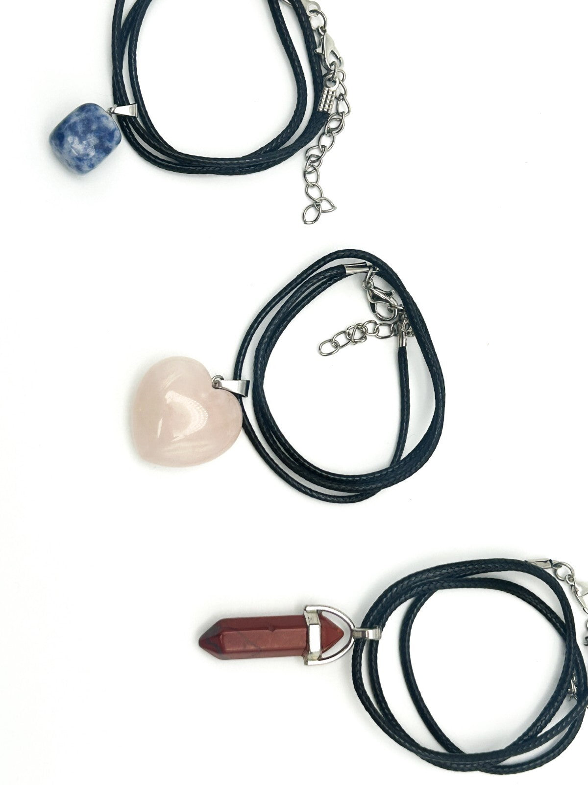 Gemstone Pendant Cord Necklace Bundle – Rose Quartz, Red Jasper Point, Sodalite
