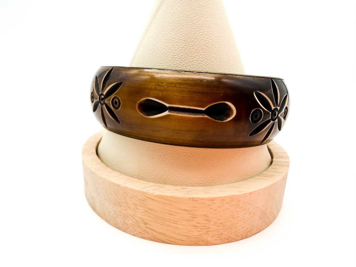 Vintage Brass & Carved Organic Material Floral Bangle Bracelet