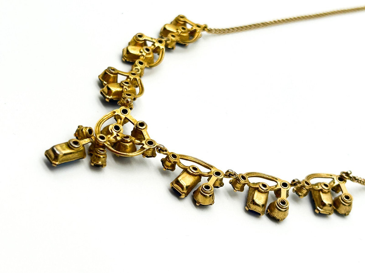 Vintage Blue Rhinestone Necklace Gold Tone Baguette Crystal Statement 1930s-50s