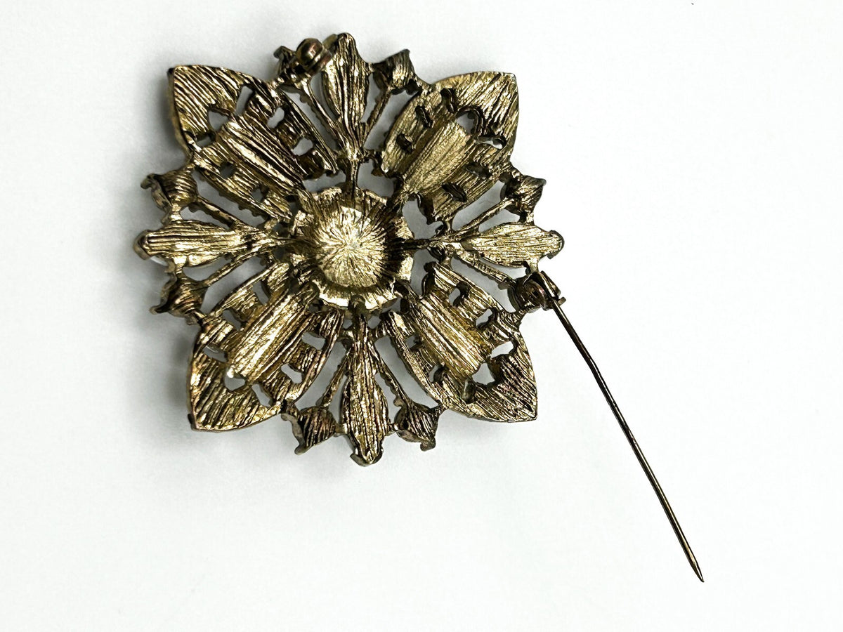Vintage White Marquise and Round Cabouchon and Rhinestone Flower Brooch