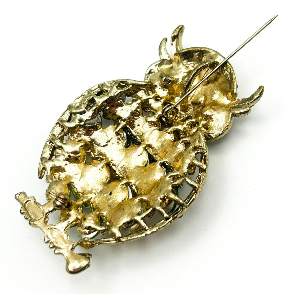 Owl Brooch Gold Tone Green Amber Rhinestone Animal Pin