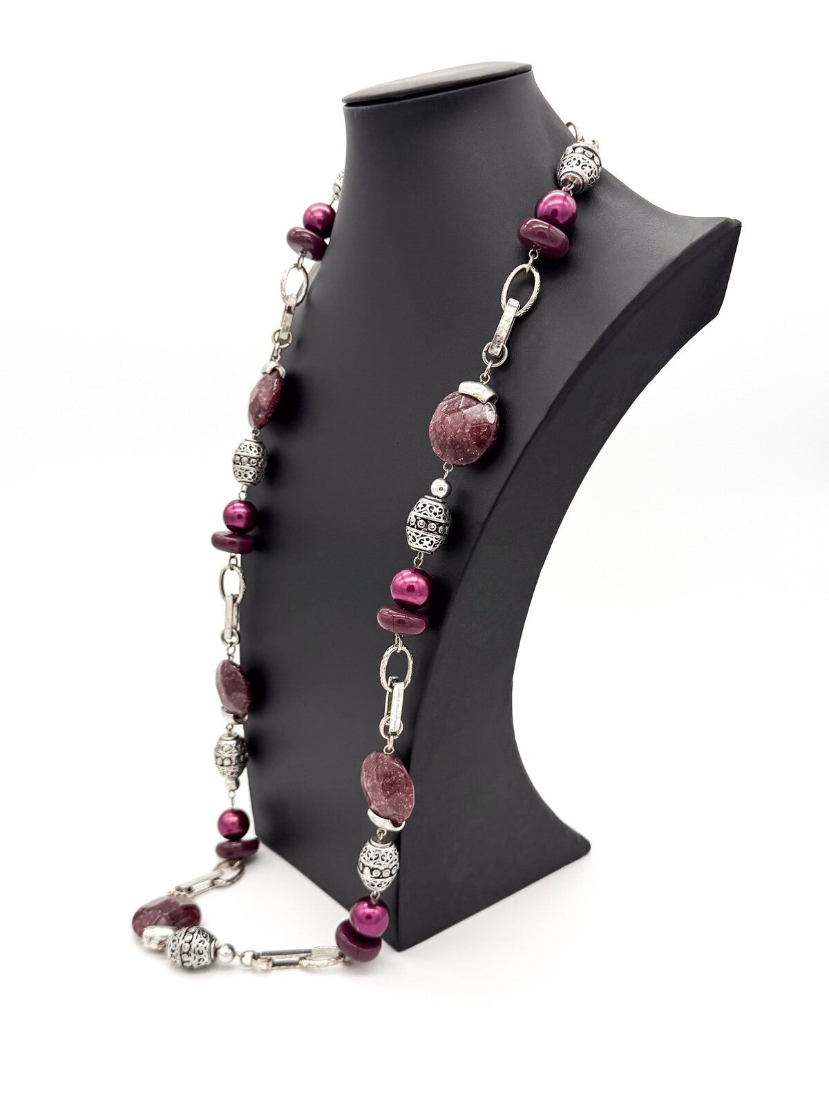 Long Purple Statement Necklace Silver Tone Link Chain Faceted Acrylic 38”