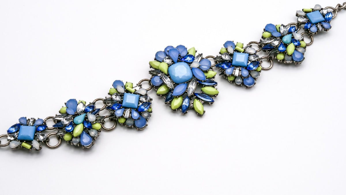 Art Deco Style Cascade Statement Necklace – Blue & Green Floral