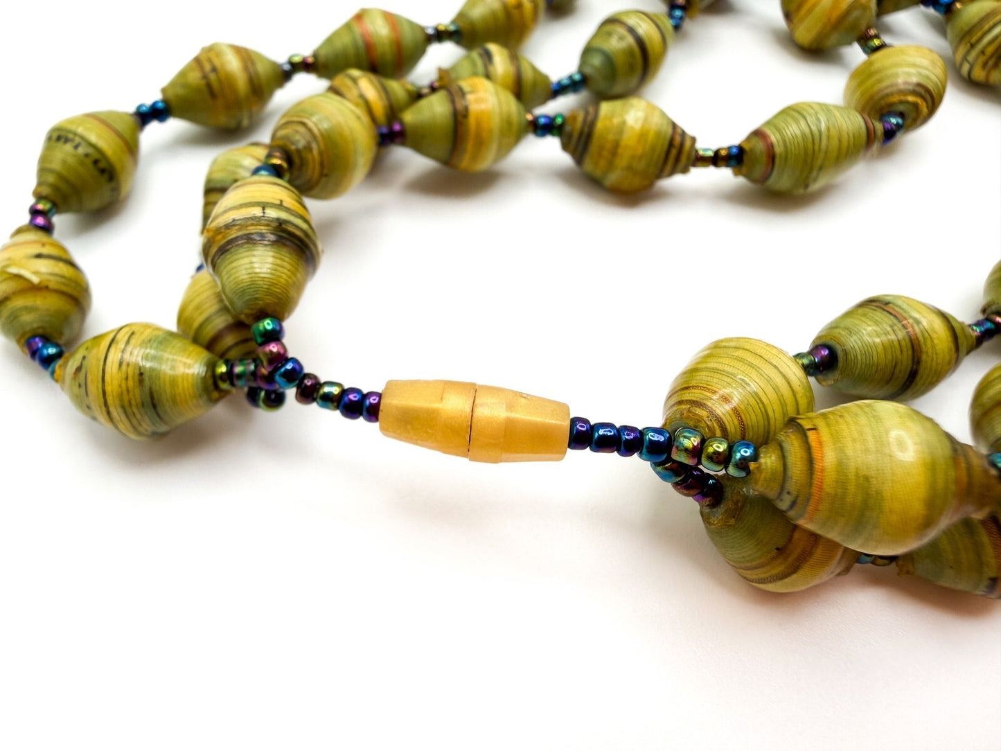 Vintage Multi-Strand Yellow & Green Beaded Necklace - Faux Rolled Paper Beads