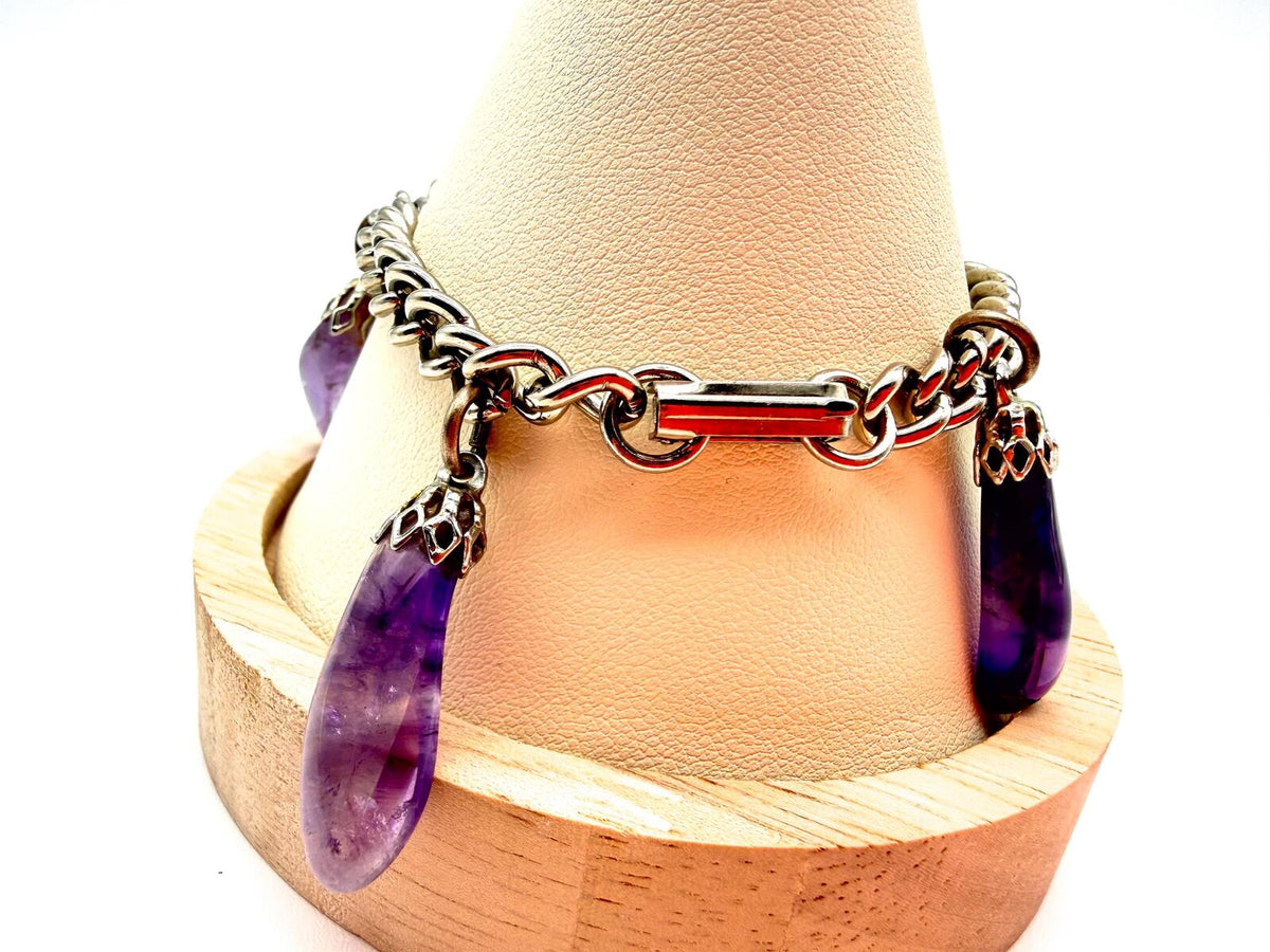 Vintage Amethyst Drop Bracelet Gemstone Charm Bracelet Purple Stone Silver Tone