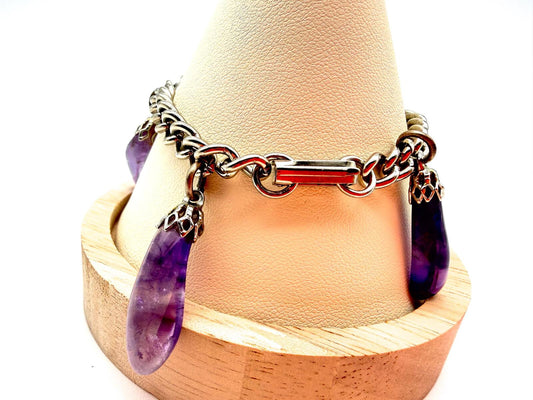Vintage Amethyst Drop Bracelet Gemstone Charm Bracelet Purple Stone Silver Tone