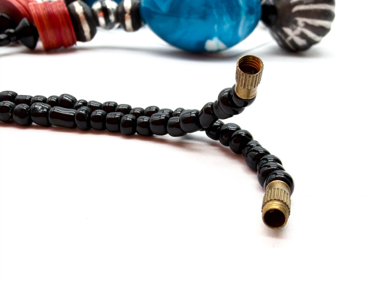 Chunky Blue Black Statement Necklace Carved Clay Beads Ethnic Style Wood 22”
