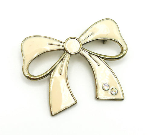 Vintage 1980s Gold Tone & Cream Enamel Bow Brooch