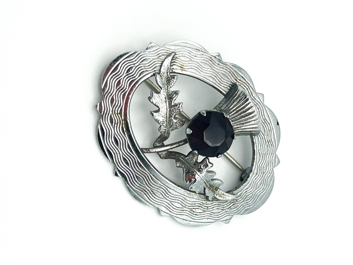 Signed Mizpah Scottish Thistle Brooch - Silver tone & Amethyst Glass