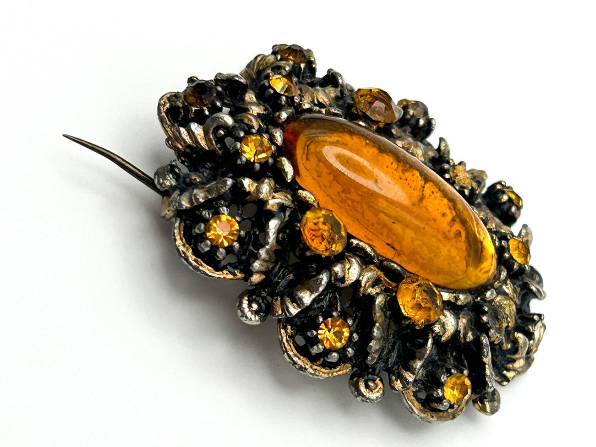 Vintage Amber Glass Oval Cabochon Brooch Rhinestone Ornate Gold Tone Openwork