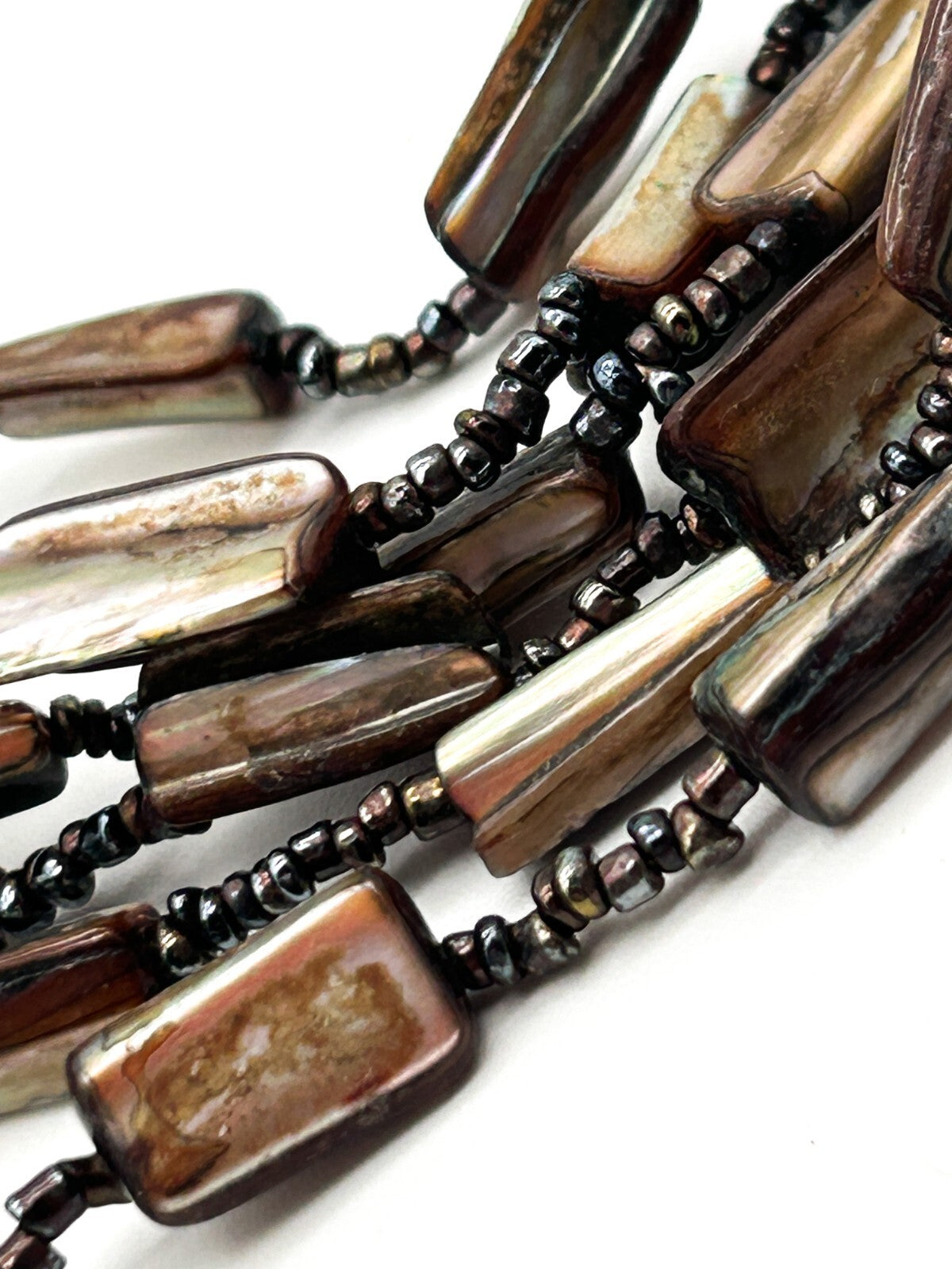 M&S Layered Shell Nugget Necklace Gunmetal Seed Bead Statement Boho Beach