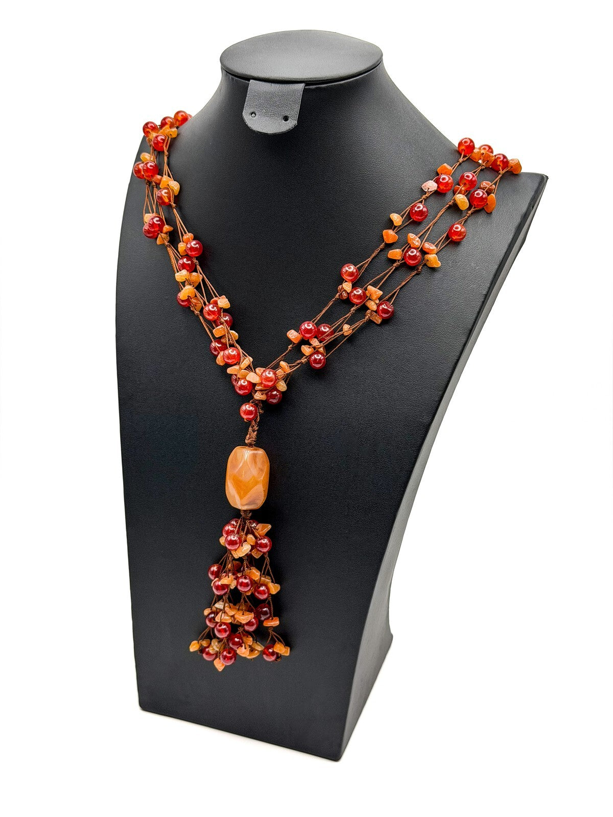VTG Orange Glass, Acrylic & Carnelian Hand-knotted Statement Boho Necklace