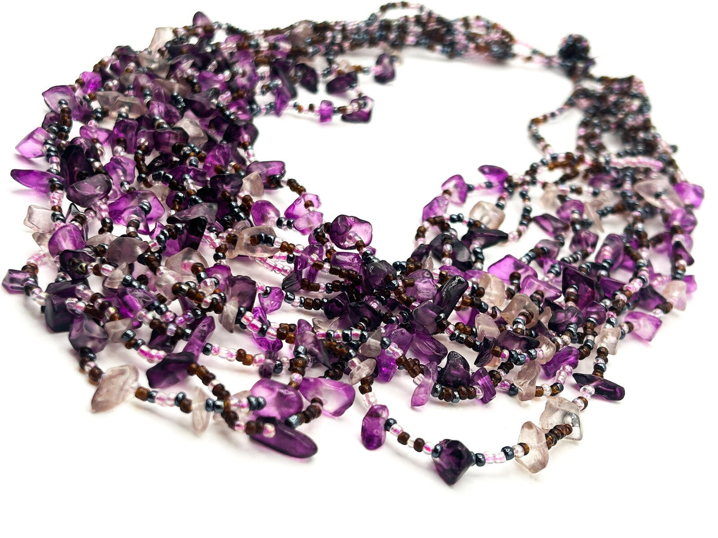 Vintage 11 Layer Amethyst, Quartz & Glass Beaded Purple Tones Statement Necklace