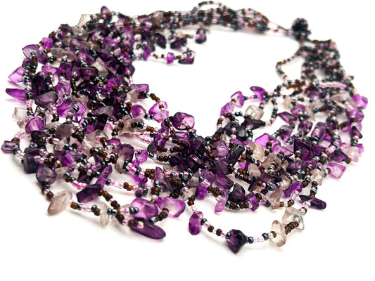Vintage 11 Layer Amethyst, Quartz & Glass Beaded Purple Tones Statement Necklace