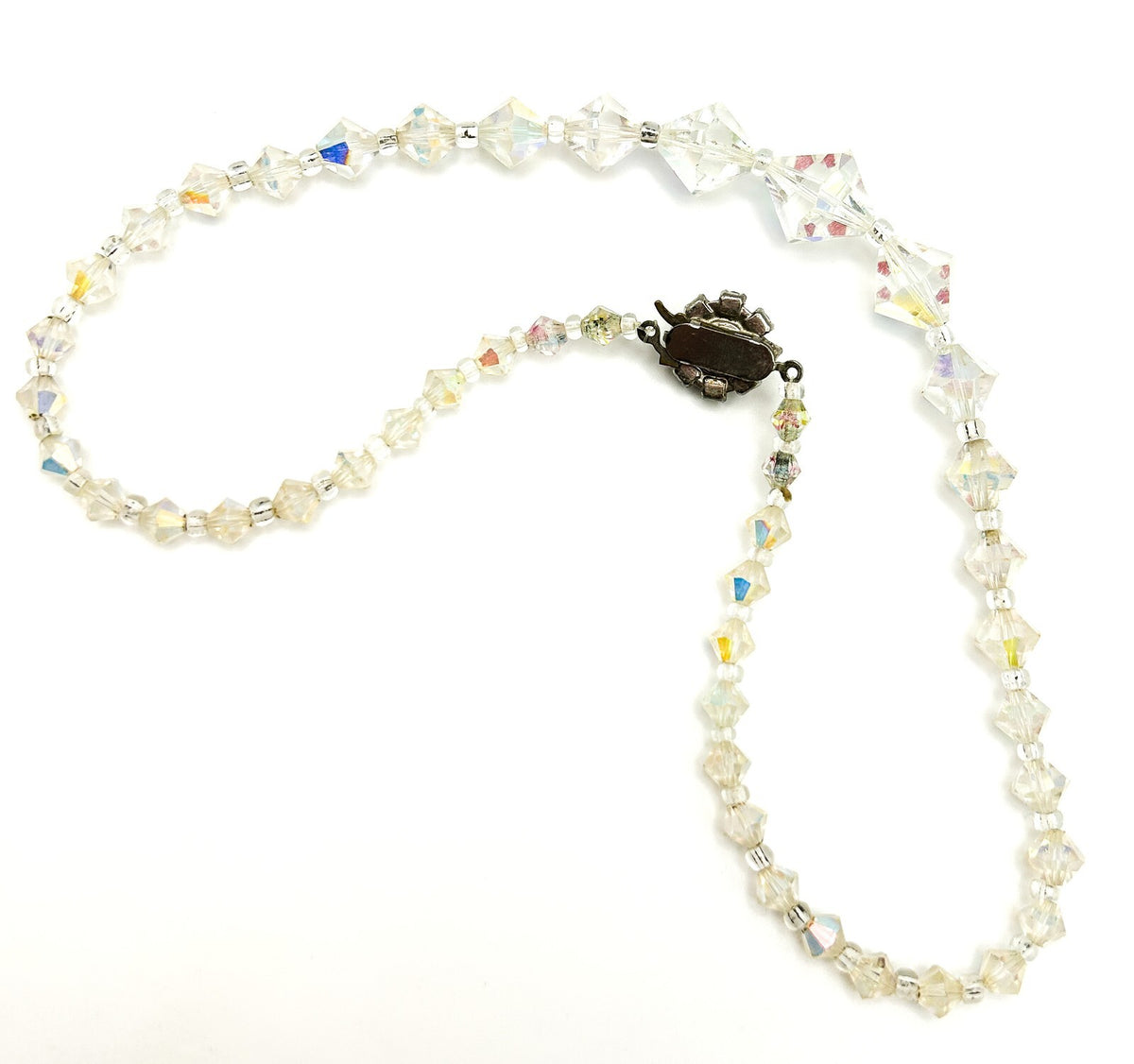 Aurora Borealis Crystal Bicone Necklace with Rhinestone Flower Clasp