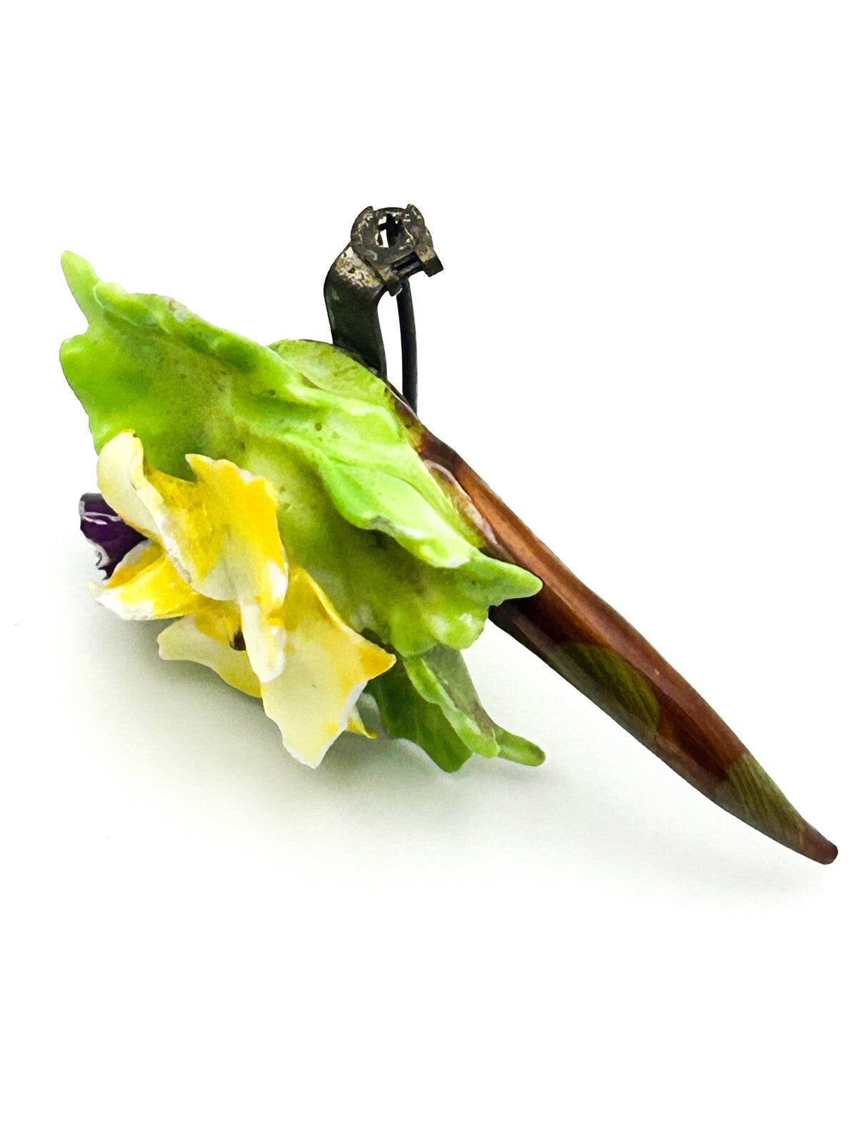 Vintage SylvaC China Flower Brooch Yellow Green Floral Pansy Ceramic Pin 6cm