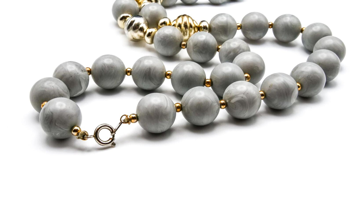 Vintage Grey & Gold Bead Necklace Marble Effect Swirl Lucite Beaded Retro