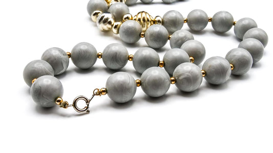 Vintage Grey & Gold Bead Necklace Marble Effect Swirl Lucite Beaded Retro