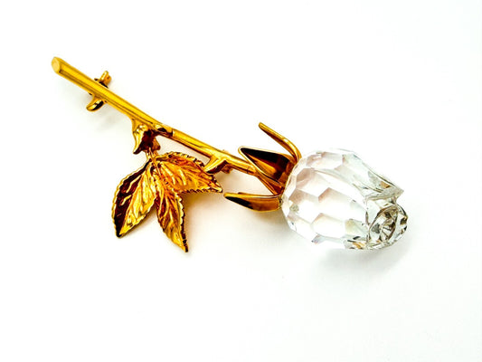 Vintage Large Gold Tone Rose Flower Brooch Pin Crystal Statement Floral