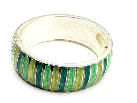 Green Striped Enamel Domed Clamper Bangle Silver Tone Statement Bracelet