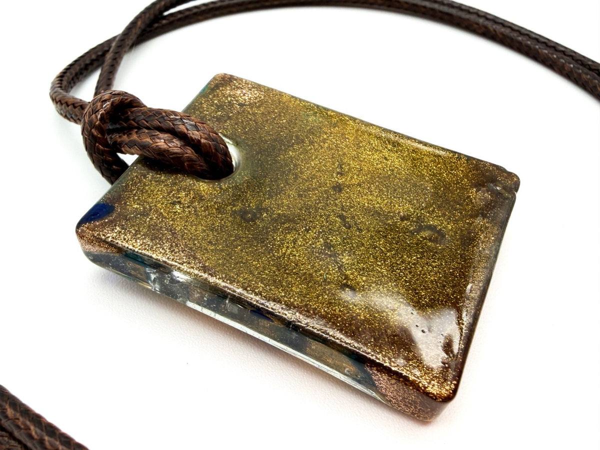 Murano Style Art Glass Pendant Necklace Gold Blue Turquoise Gold Blue Brown