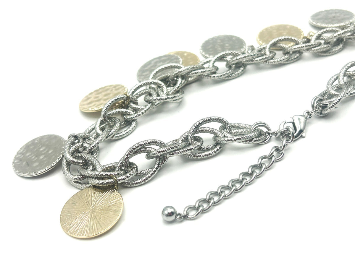 M&S Silver & Gold Tone Hammered Coin Charm Statement Necklace
