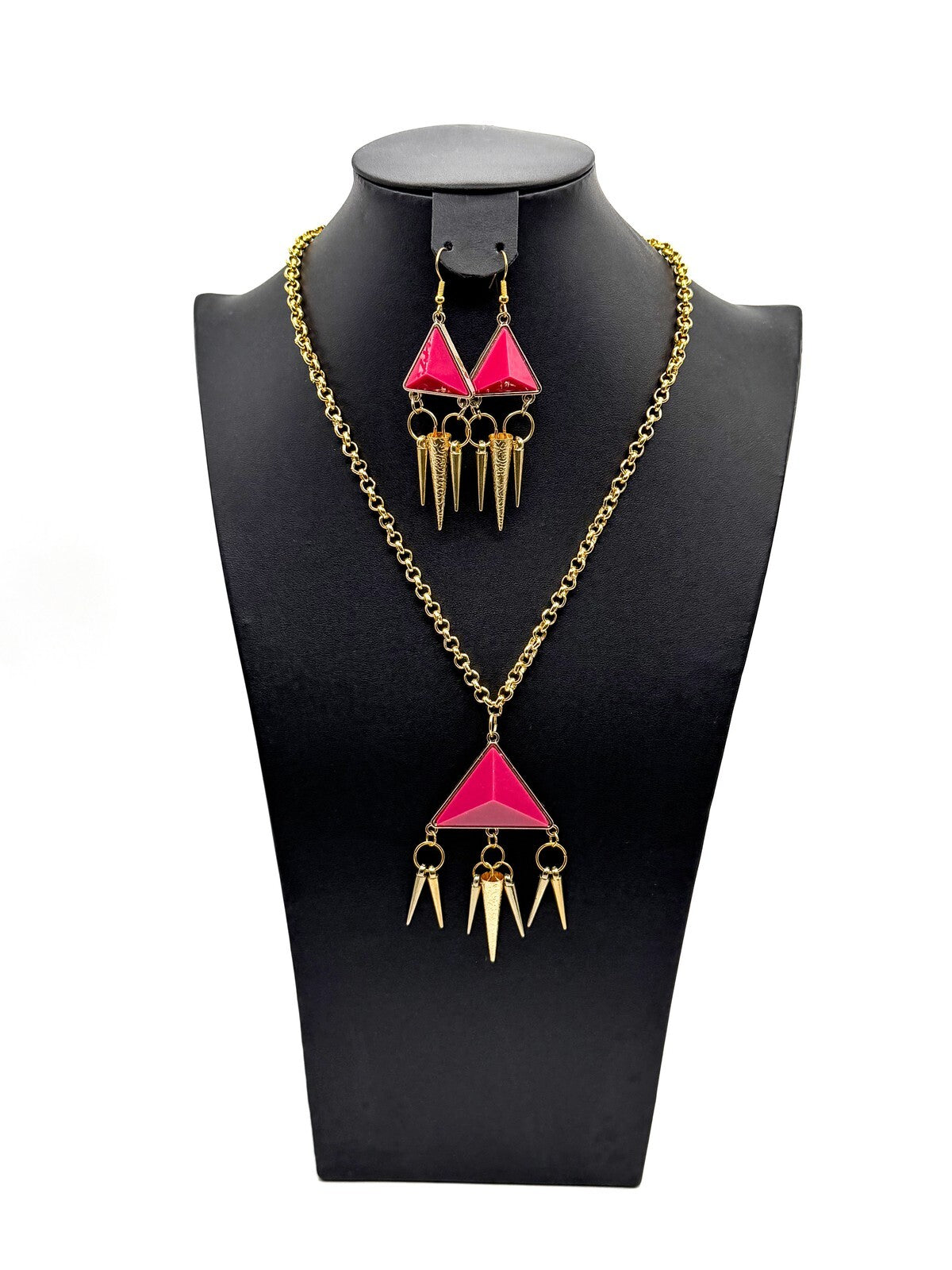 Hot Pink Geometric Pyramid & Spikes Necklace  Earrings Set - Original Re-design