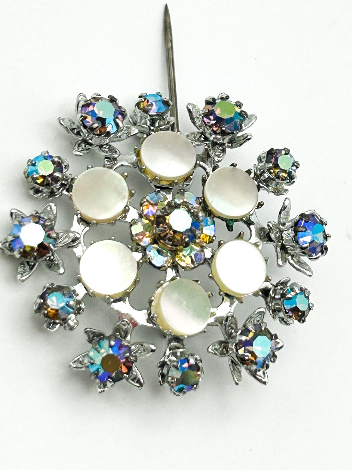 AB Rhinestone Cluster Brooch Mother of Pearl Silver Tone Pin
