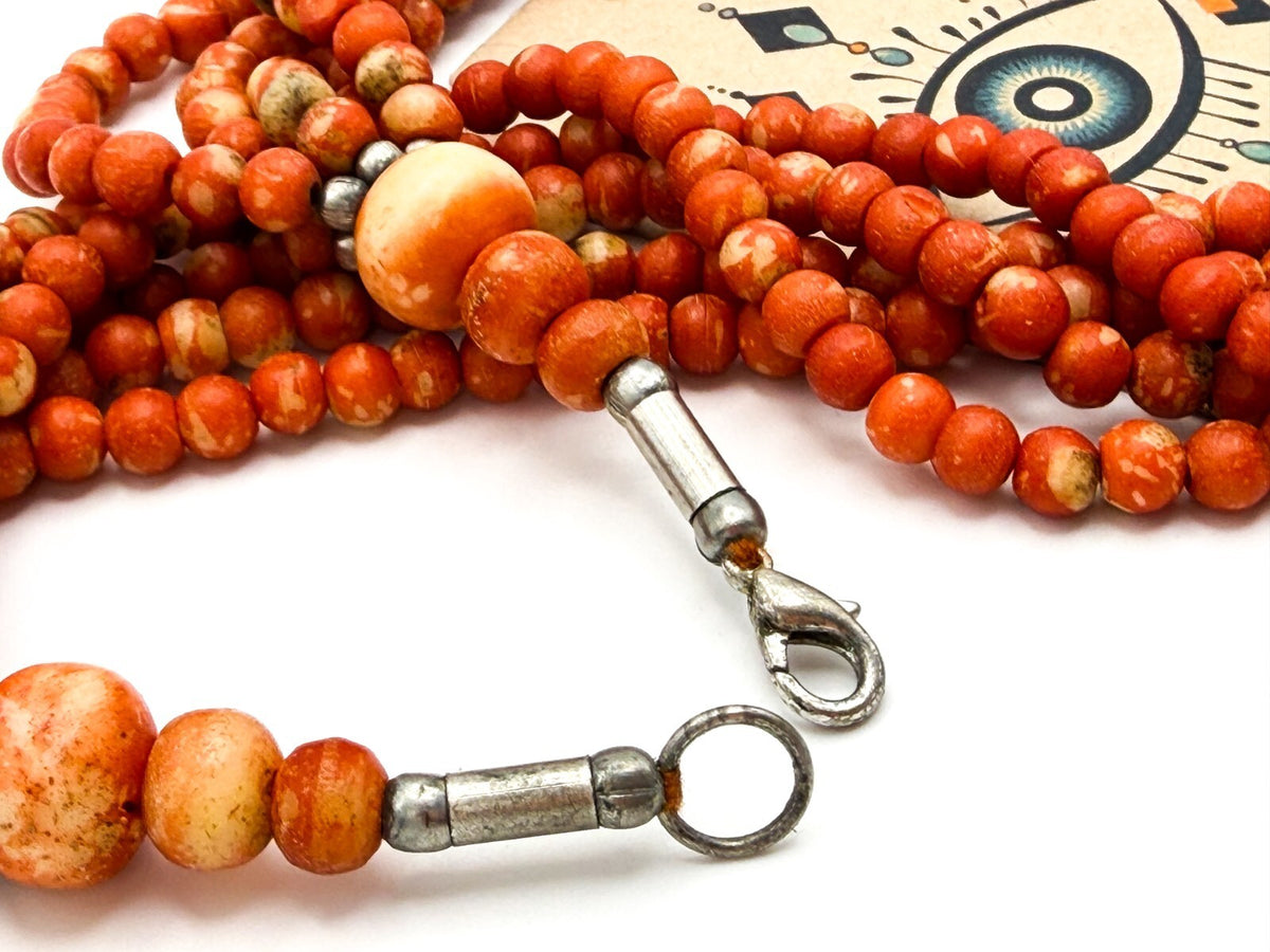Multi Strand Red Coral Bead Necklace Ornate Oval Pendant 19 Inch Statement